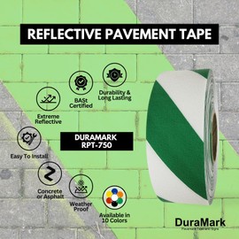 DuraMark RPT-750 Hazard Safety Warning Stripe Tape, Durable Outdoor Heavy Duty Rubber Base, Reflective Slip Resistant Pavement Marking Adhesive Tape for Hazardous Areas (Green & White, 2" x 18')