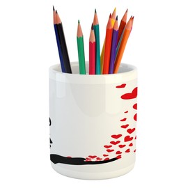 Ambesonne Kiss Pencil Pen Holder, Girl Black Silhouette Blowing Red Hearts Romance Love Valentines Day Theme, Printed Ceramic Pencil Pen Holder for Desk Office Accessory, Black White Red