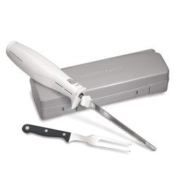 Hamilton Beach Electric Knife Set for Carving Meats, Poultry, Bread, Crafting Foam & More, Reciprocating Serrated Stainless Steel Blades, Ergonomic Design Storage Case + Fork Included, 5Ft Cord, White