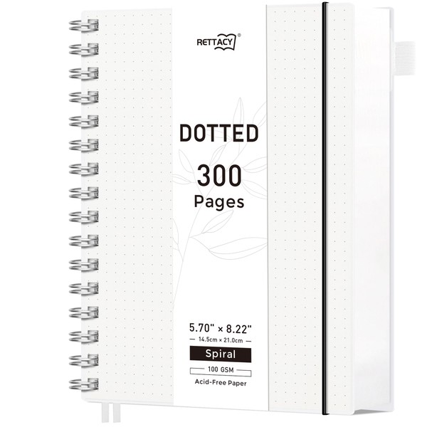 RETTACY Notebook A5 Dotted Bullet Dot Journal, Spiral Notebooks, 300