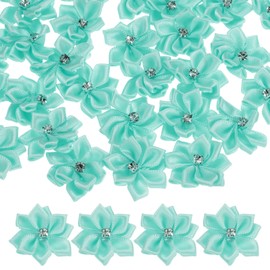 M METERXITY 100-Pack Satin Ribbon Flowers, 1.2 Inch Mini Fabric Flowers with Rhinestones Flower Ribbon Appliques for Crafts DIY/Wedding/Ornament/Party/Home [Light Green]