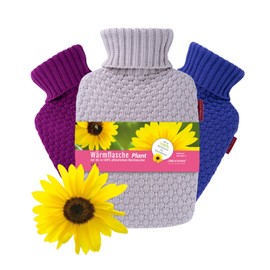 Hugo Frosch Classic Plant Hot Water Bottle 1.8 L with Organic Knitted Cover Blueberry