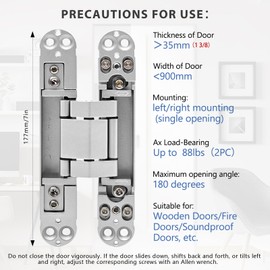 ANMILIY 6" Hidden Door Hinge,Invisible Door Silent Door Hinge,180 Degree Swing Hinge 3-Way Adjustable Butt Hinge(Silver, 6 x 2.5 x 1)