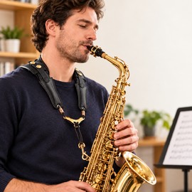Adjustable Leather Saxophone Shoulder Harness with Aluminum Support Plate, Shoulder-Supported Strap for Alto, Tenor and Baritone Saxophones, for Practice and Performances