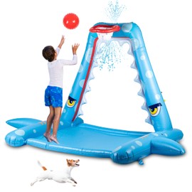 Zone Tech Splash Pad Sprinkler for Kids Outdoor Play, Big Inflatable Shark Sprinkler with Basketball Hoop Water Splash Pad for Dog, Toddlers Outdoor Water Toys, Ball and Accessories Included