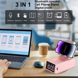 Deeyaple Gifts for Men/Women 3 in 1 Wireless Bluetooth Speaker with Loud Alarm Clock Cell Phone Stand TF Card Reader 12H Display Mic HD Surround Sound Kitchen Bedroom Office Cell Phone＆Tablet (Pink)
