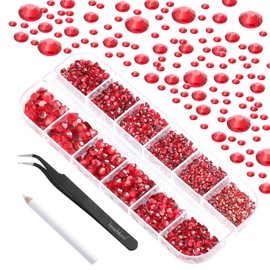 Beadsland 2500pcs Red Rhinestones, Flatback Gems Round Red Crystal Rhinestones for Crafts Mixed 8 Sizes SS4 ~ SS30 with Picking Tweezers and Pen (Red)