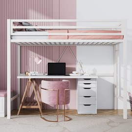 SHA CERLIN Loft Bed Twin Size with Ladder and Guardrail,Heavy Duty Metal Slats Support No Box Spring Needed Small Space Saving Furniture for Bedroom Dorm,White