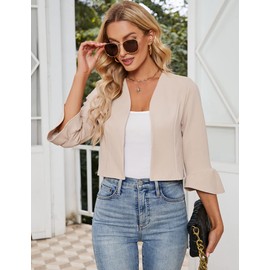 KOJOOIN Women's Bolero Jacket 3/4 Sleeve Ruffle Open Front Cardigan Elegant Festive Shrug Cardigan Casual Top (Reusable Packaging), apricot
