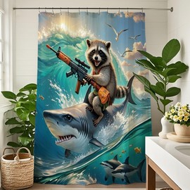 Pakena Cool Funny Animal Shower Curtain Raccoon Riding Shark Shower Curtains Set Ocean Theme Bath Curtain Fun Nautical Kids Children Bathroom Accessories Home Decor 60x72 Inch