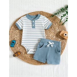 Hihosdor Baby Boy Outfits Ribbed Short Sleeve Striped Romper Top Solid Color Shorts Set with Pockets Baby Boy Summer Clothes, Light Blue, 9-12 Months