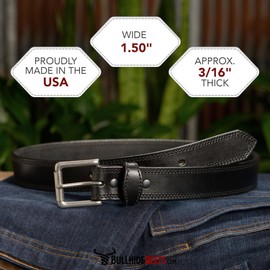 Bullhide Belts Mens Leather Belt for Work, Casual, Dress, 1.50" Wide, Black, 38"