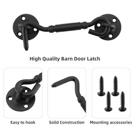 HOME MASTER HARDWARE Barn Door Hook and Eye Latch 4" Privacy Hook Lock Hardware Rust-Proof Gate Latch Cabin Hooks for Sliding Doors,Bathrooms,Outdoor,Windows,Bedrooms,Cabinet,1 Pack Black with Screws