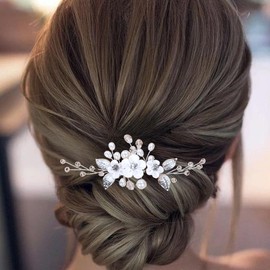 ALUINN Crystal Bride Wedding Hair Comb Pearl Hair Piece Flower Bridal Hair Accessories for Brides Bridesmaids Women Silver