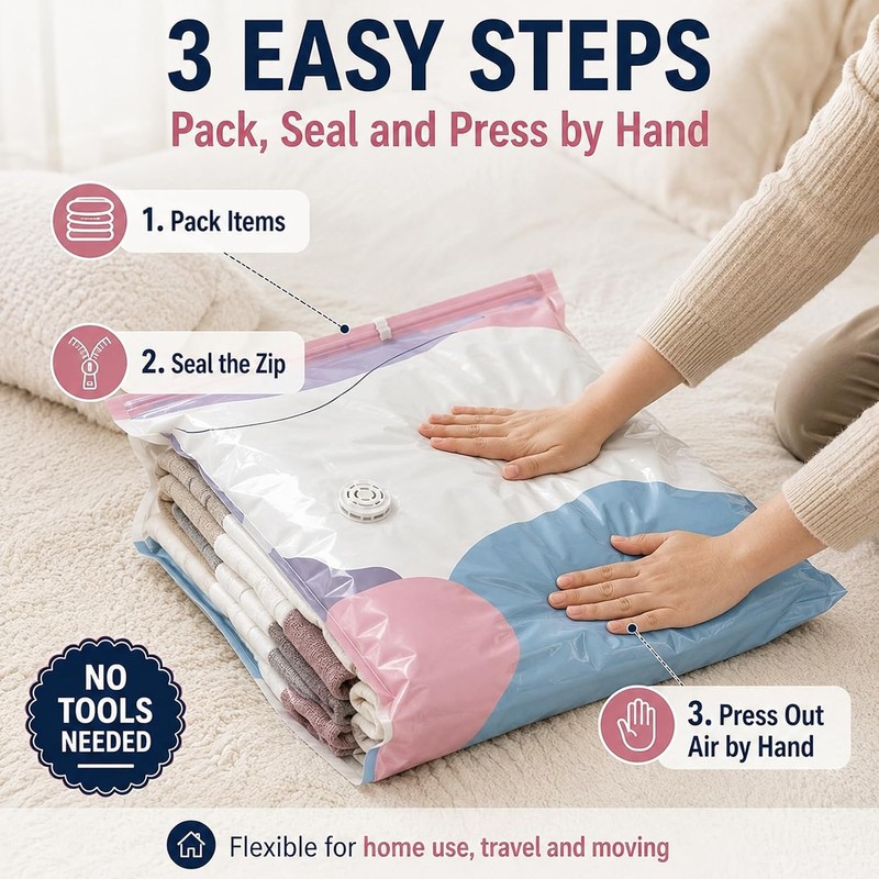 No-Pump Vacuum Storage Bags, Press & Seal Compression Bags, Space