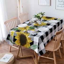 Tablecloth for Rectangle/Oval Tables 60 x 84 Inch Summer Sunflower Black and White Buffalo Plaid Fabric Table Cover Waterproof Washable Table Cloth for Dinning Wedding Party Outdoor Picnic Decorative