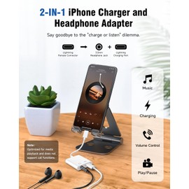 Apple MFi Certified 2-in-1 Lightning to 3.5mm Headphone Jack Adapter,Fast Charger&Aux Audio Splitter Dongle for iPhone-Car AUX,Home,Gym,Travel,Compatible with iPhone 14/13/12/11/XR/X/8/7,2Pack,White