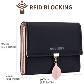 Roulens PU Leather Wallet for Women RFID-Blocking, Ladies Bifold Leaf Pendant Coin Zipper Small Purse with 5 Card Slots and 1 ID Window Card Holder Organizer