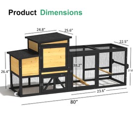 TIMHAKA 80'' Chicken Coop with Nesting Box, Outdoor Duck Coop, Chicken House for Outside, Wooden Chicken Coops with Run & Waterproof Asphalt Roof, Wheels, Removable Tray and Hanging Chicken Feeder