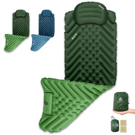 BUERTS Ultralight Camping Sleeping Pad & Pillow Set. Envelope Style, inflates in 30s, Waterproof, Thickened, Portable, spliceable. Ideal for Backpacking, Hiking, Camping. (Green)
