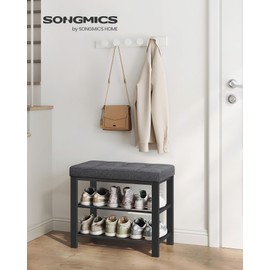 SONGMICS Bench, 3-Tier Shoe Rack for Entryway, Storage Organizer with Foam Padded Seat Linen, Metal Frame, for Living Room, Hallway, 12.2 x 31.9 x 19.3 Inches, Gray and White ULBS057W01