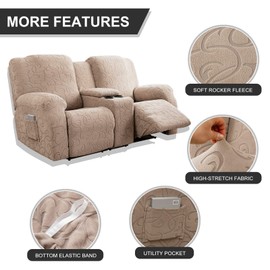 YUEANG Recliner Loveseat Cover with Center Console, 2 Seater Jacquard Recliner Sofa Slipcover with Pockets Washable Stretch Reclining Couch Covers Furniture Protector with Elastic Straps (Tuape)