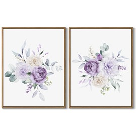 Set of 2 Watercolor Floral Wall Art Purple Blossom Peony Canvas Art Prints Nature Flower Botanical Wall Decor Framed and Ready to Hang for Living Room Bedroom Bathroom Home Wall Decoration, 11x14 Inch