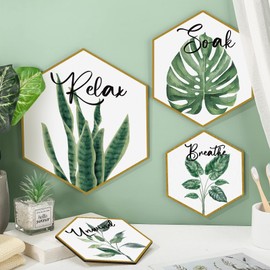 Hoteam Set of 4 Green Eucalyptus Bathroom Decor Botanical Wall Art Green and Gold Bathroom Decor Green Wall Art Green Bathroom Decor Relax Soak Unwind Breathe Bathroom Paintings Wall Decor