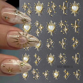 5D Embossed Gold Nail Stickers Self-Adhesive Star Nail Art Stickers Sun Stars Heart with Rhinestones Designs Luxury Nail Art Supplies Shiny Nail Decals for Women Girls Acrylic Nail Accessories