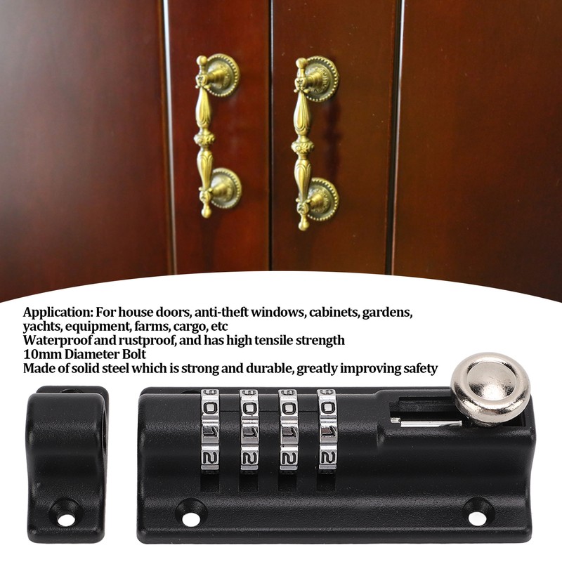 Combination Latch Lock 4 Digit Black Anti Theft Waterproof for