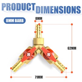Bwintech 2 Pcs 8mm 3 Way Brass Hose Barb Ball Valve, Y Shape 2 Switch Shut Off Valve Fitting with 6 Pcs Hose Clamps