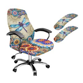 ZIATUBLES Bohemian Floral Dragonfly Print Office Chair Cover with 2 Piece Armrest Cover Stretchable Swivel Gaming Chair Protector Dustproof Boss Armchair Decor, Large