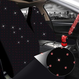 Jusen 17 Pack Bling Car Seat Covers Set Car Diamond Accessories Rhinestone Crystal Steering Wheel Cover, Bling Velvet Breathable Glitter Center Console Pad Universal Car Interio(Full Set/Red)