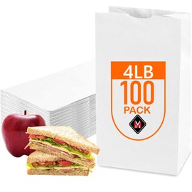4LB White Paper Lunch Bags - Pack of 100 Durable, Recyclable, and Biodegradable Snack Bags for Food Storage - Great for Lunch, Crafts, Concessions, Cafes, and Delis
