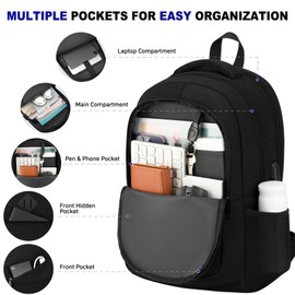 School Laptop Backpack for Women Men: 15.6 Inch College High School Backpacks with USB Charging Port Waterproof Travel Back Pack with Anti-theft Pockets Casual Work Daypack for Boys Students (Black)