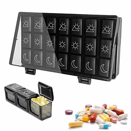 Organizador de Pastillas Negro con 21 Compartimentos y Tapa de Diseño - 3 Veces al Día, Ideal para Vitaminas y Suplementos