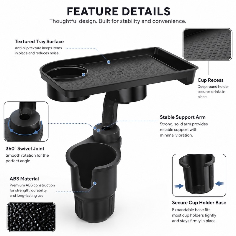 Car Cup Holder Tray for Travel – 360° Rotating Dual