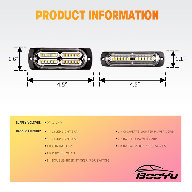 BooYu 8-pcs Amber Surface Mount LED Emergency Strobe Lights for