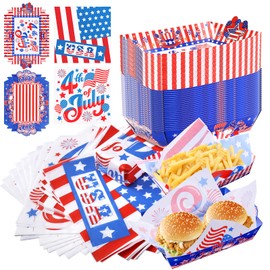 Independence Day Party Food Tray & Wax Paper Set - 150PCS Total - 50 Disposable Patriotic Food Trays + 100 USA Flag Deli Wax Paper Sheets - July 4th BBQ, Picnic, Holiday Party Supplies