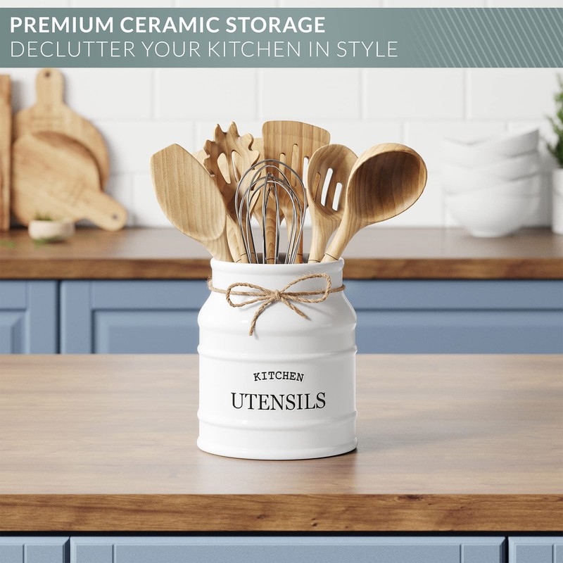 Barnyard Designs Ceramic Farmhouse Utensil Holder for Kitchen Counter, Large