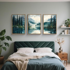 HLNIUC Green Foggy Forest Mountain Wall Art Framed,Large Boho Watercolor Pine Tree Wall Decor set of 3 (24"x36"), Nature Dark Lake Landscape Scenery Canvas Painting for Living Room, Bedroom, Office