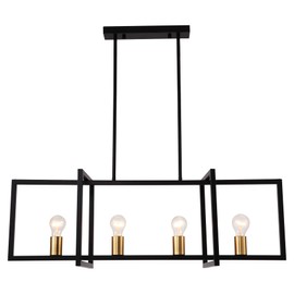 KPIBEST Modern Black Farmhouse Chandeliers Dining Room Light Fixture, Linear Rectangular Kitchen Island Lighting, Industrial Vintage Pendant Lighting with 4-Light Socket Height Adjustable