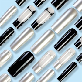 BABALAL Long Square Press on Nails Black French Tip Fake Nails Sliver Chrome Glue ons Nails Y2k Design Squoval False Nails