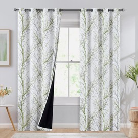 FMFUNCTEX 100% Blackout Curtains 84 Inches Long for Bedroom, Green and White Branch Tree Print Curtains for Bedroom,Thermal Insulated Curtain Drapes for Living Room, Grommet Top 2 Panels