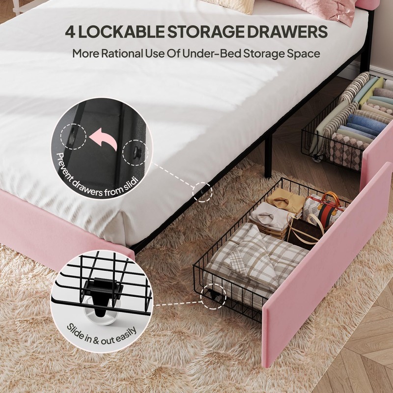 Full Size Upholstered Bed Frame with Headboard & 4 Drawers,