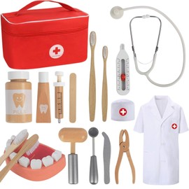 TGTT Children's Wooden Play Set with Real Stethoscope, Doctor's Coat and Doctor Bag in Red, Perfect for Role Play, Dentist Toy for Children from 3 Years