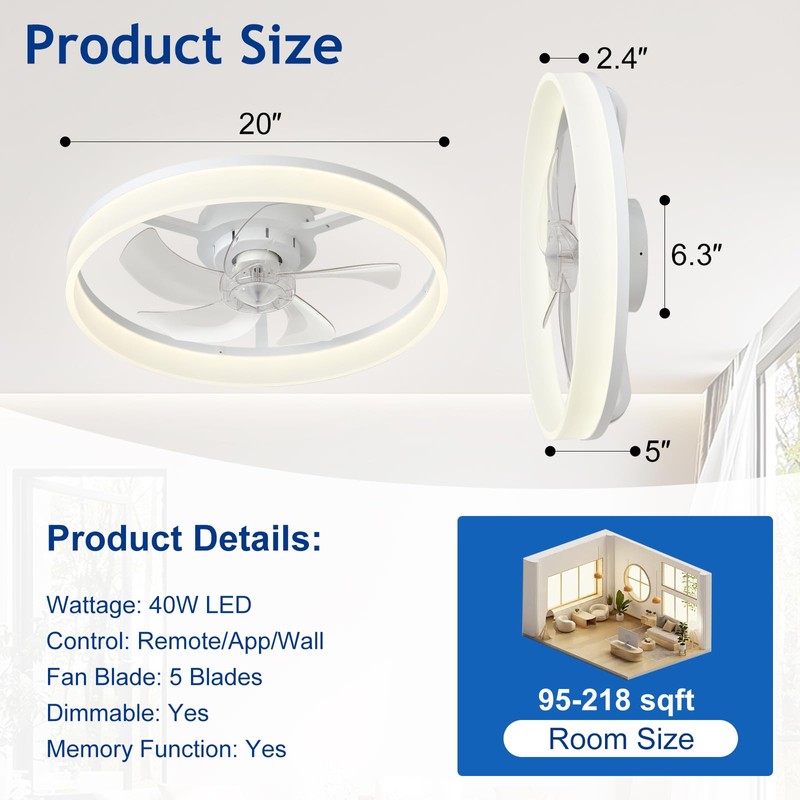 DLLT Modern Ceiling Fans with Lights: 20" Flush Mount Low