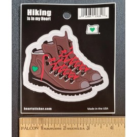 Vinyl Sticker - Hiking Boots - Red Shoelaces - Green Heart - 3.25 x 3.5 Inches