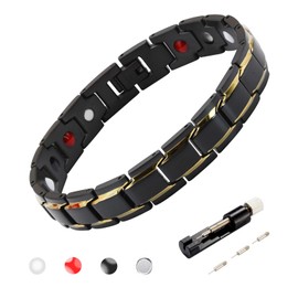 Magnetic Bracelets for Men, Lymphatic Drainage Therapeutic Magnetic Bracelets, Adjustable Length with Sizing Tool Fashion Accessories, Stainless Steel 4 IN 1 Elements Therapy Jewelry with Gift Box Adjustable Design (Black Gold)