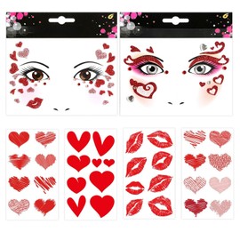2 Face Stickers and 4 Heart Red Lip Stickers, Temporary Tattoo Stickers, Shiny Stickers, Face Decoration Stickers, Suitable for Parties, Stages, Dances